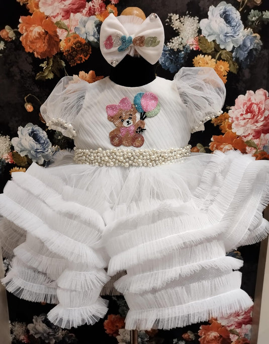White Teddy Ruffle Pearl Dress