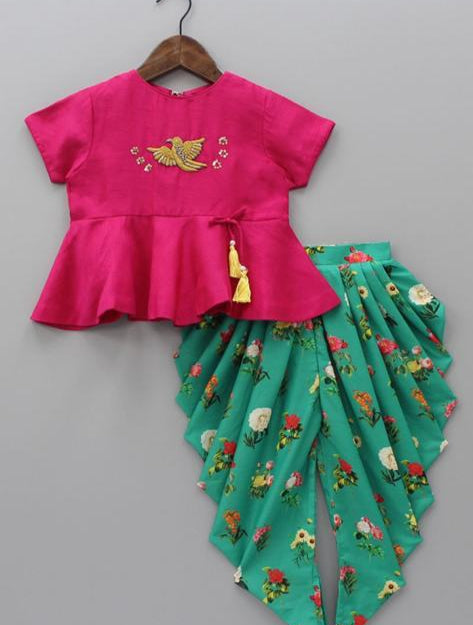 Pink Peplum Bird Dhoti Set