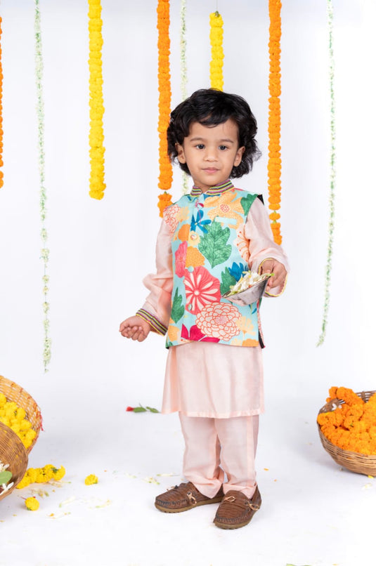 Floral Printed Beadwork Kurta Waistcoat Set With Pant