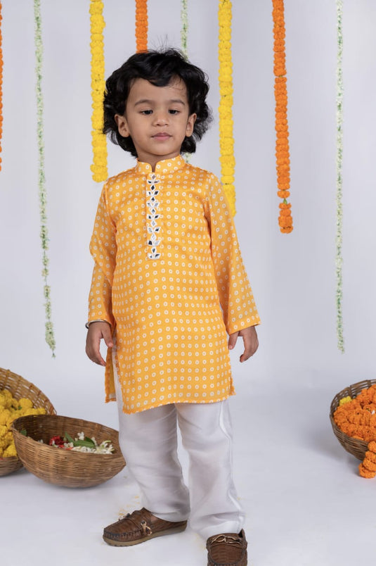 Yellow Bandhej Printed Mirrorwork kurta Set With Pant