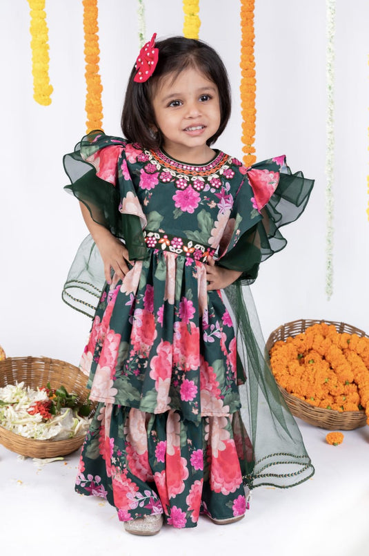 Green Floral Mirrorwork Kurti Sharara Set