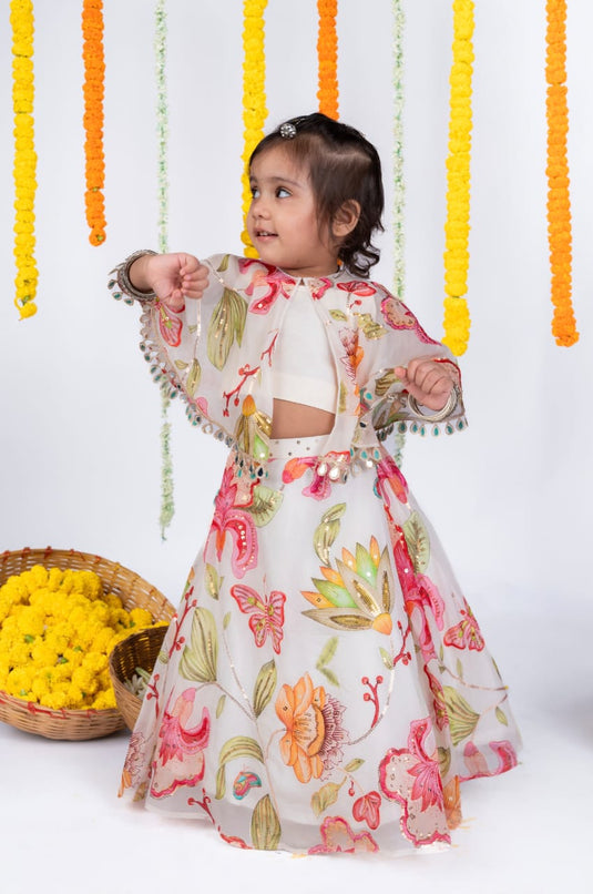 White Sequins Cape Lehenga Set