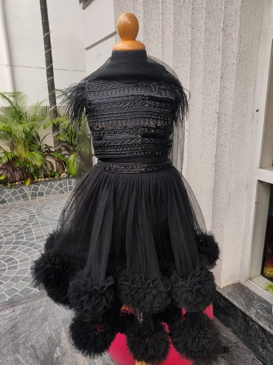 Black Double Ruffle Layered Katdana Lehenga Set