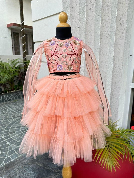Peach Embroidered Flowing Cape Layered Lehenga