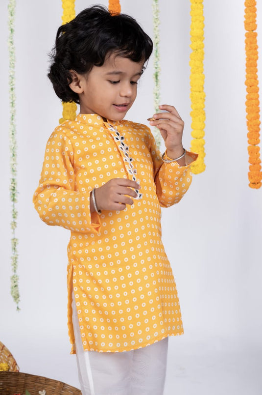 Yellow Bandhej Printed Mirrorwork kurta Set With Pant
