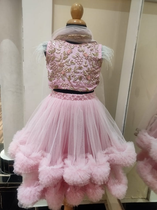 Pink Double Ruffle Layered Zardozi Lehenga Set