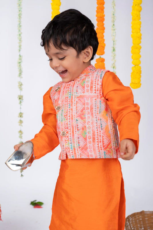 Orange Waistcoat Set With Pant