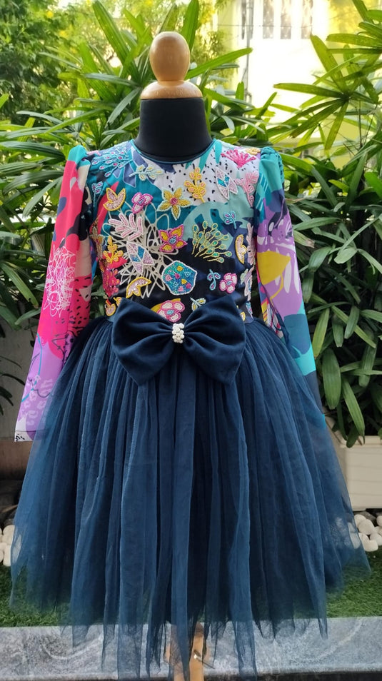 Blue Abstract Print Embroidered Net Frock