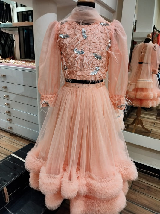 Peach Embroidered Double Ruffle Lehenga Set