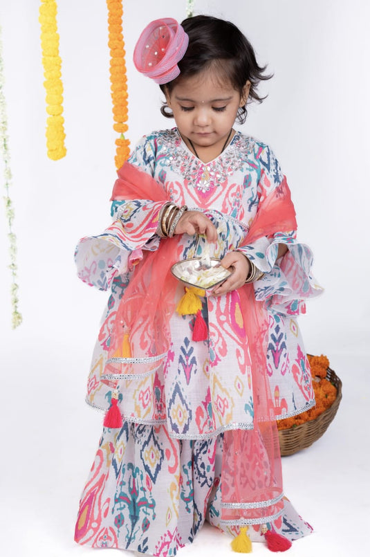 Ikat Printed Gota Kurti Sharara Set