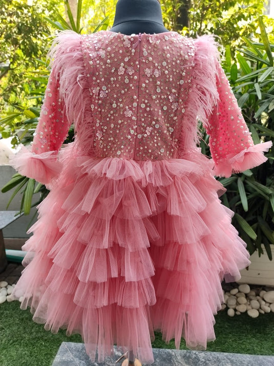 Pink Sequins Bow Net Layered Feather Dress