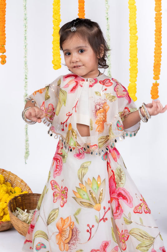 White Sequins Cape Lehenga Set