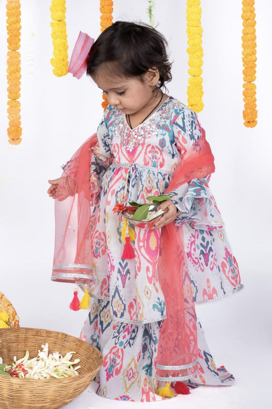 Ikat Printed Gota Kurti Sharara Set