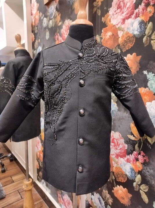 Black Geometric Embroidered Bandhgala