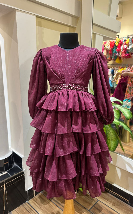 Maroon Layered Gown With Sequins