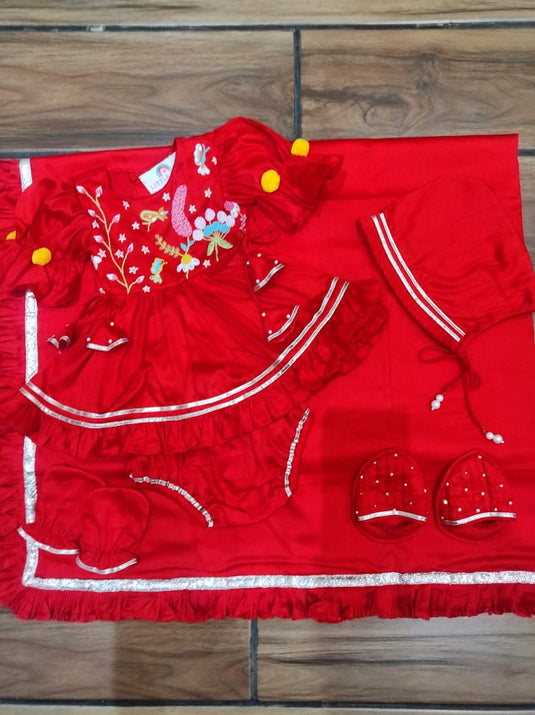 Flowers, Butterfly Pompom Red Girls Jaamna Set