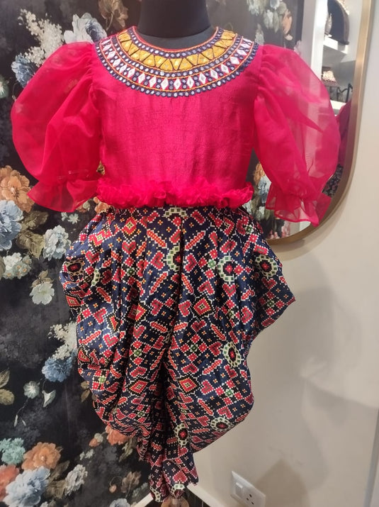 Red Mirrorwork Top With Printed Blue Dhoti Pant