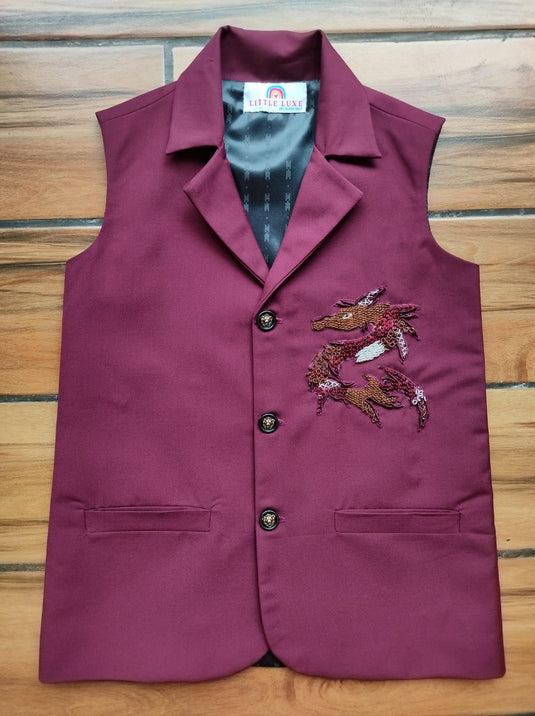 Maroon Dragon 4 Piece Waistcoat Set