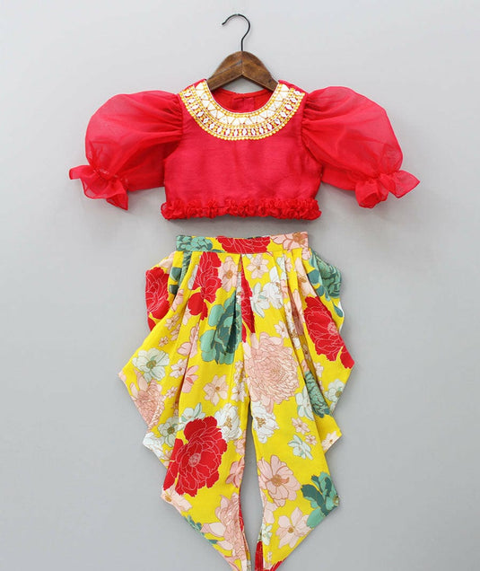 Red Mirrorwork Top With Printed Yellow Dhoti Pant