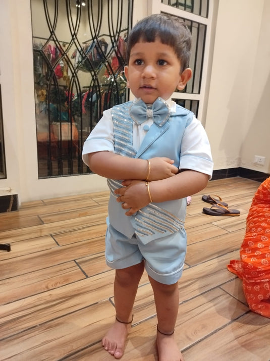 Light Blue Embroidered Waistcoat Set With Shorts