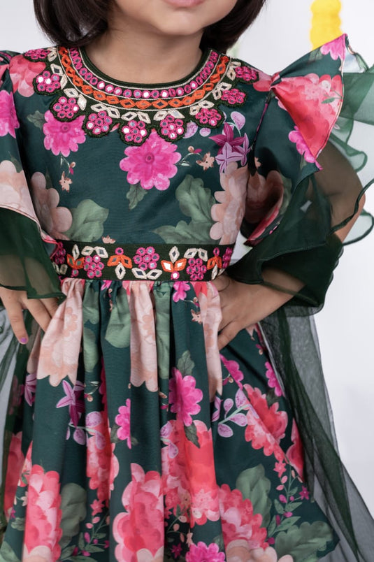 Green Floral Mirrorwork Kurti Sharara Set