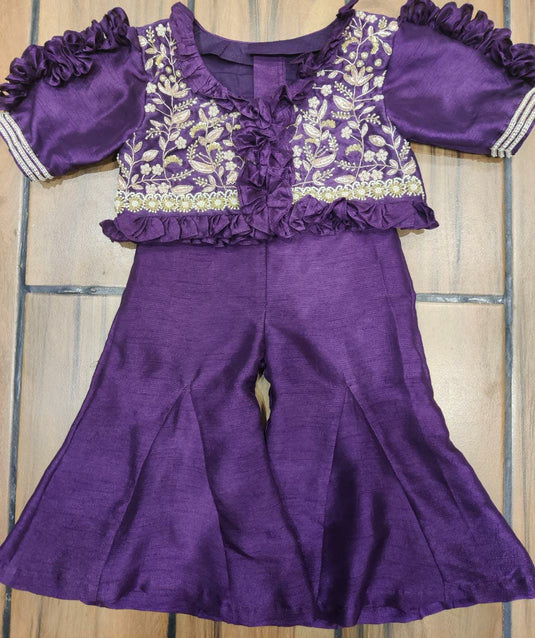 Purple Embroidered Frilly Palazzo Set
