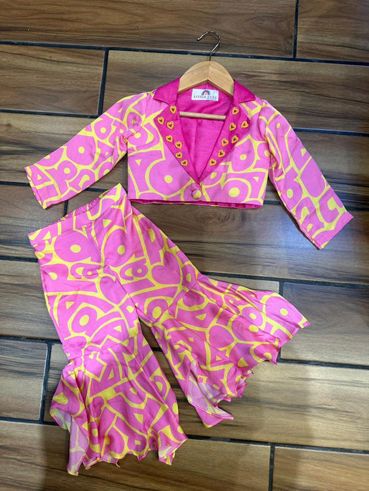 Pink Printed Blazer Hearts Cord set With Slip