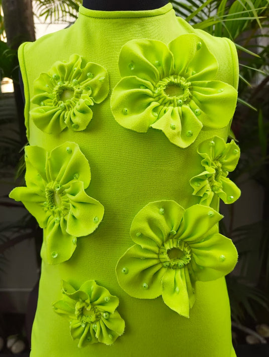 Neon Green Flower Dress With Sequins