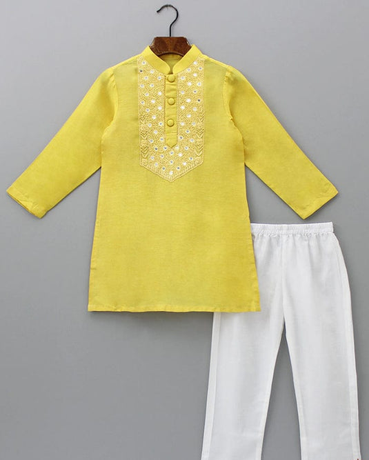 Yellow Mirrorwork Kurta Set With Pant
