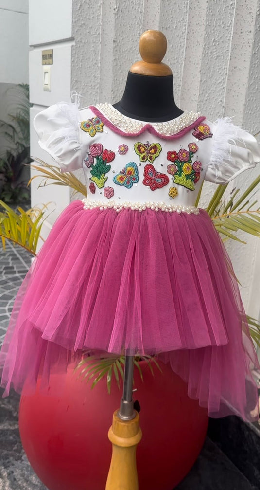 Butterfly And Flowers High Low Pearl Gown