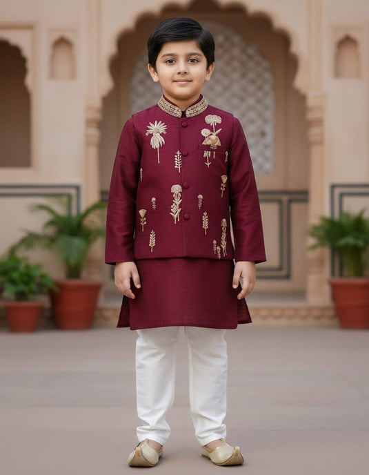 Magenta Dori Embroidery Kurta Waistcoat Set With Pant