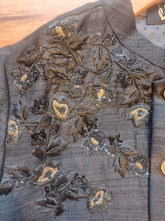 Black Drape Embroidered Raw Silk Bandhgala