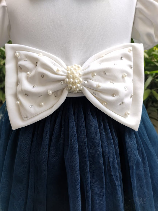 Deep Blue And White Pearl Bow Frock Set
