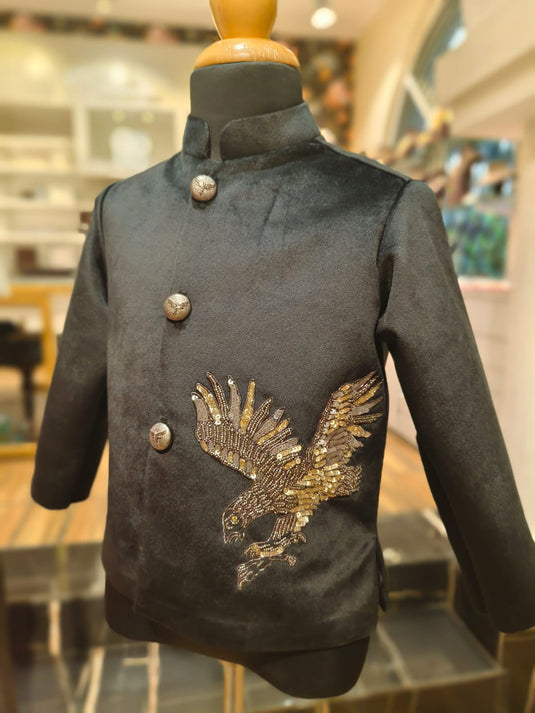 Black Velvet Eagle Embroidered Bandhgala