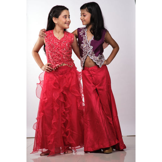 Red Mirrorwork Waistcoat With Ruffle Palazzo
