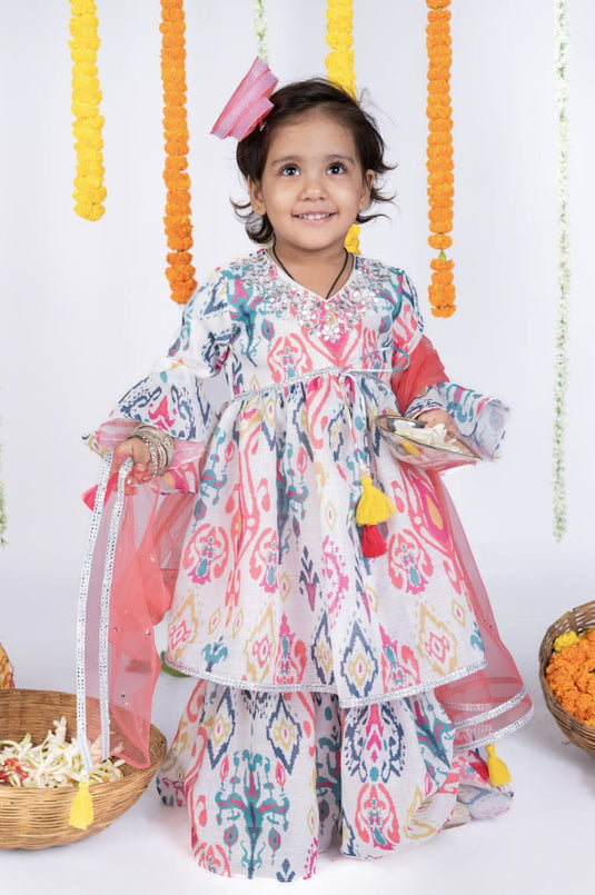 Ikat Printed Gota Kurti Sharara Set