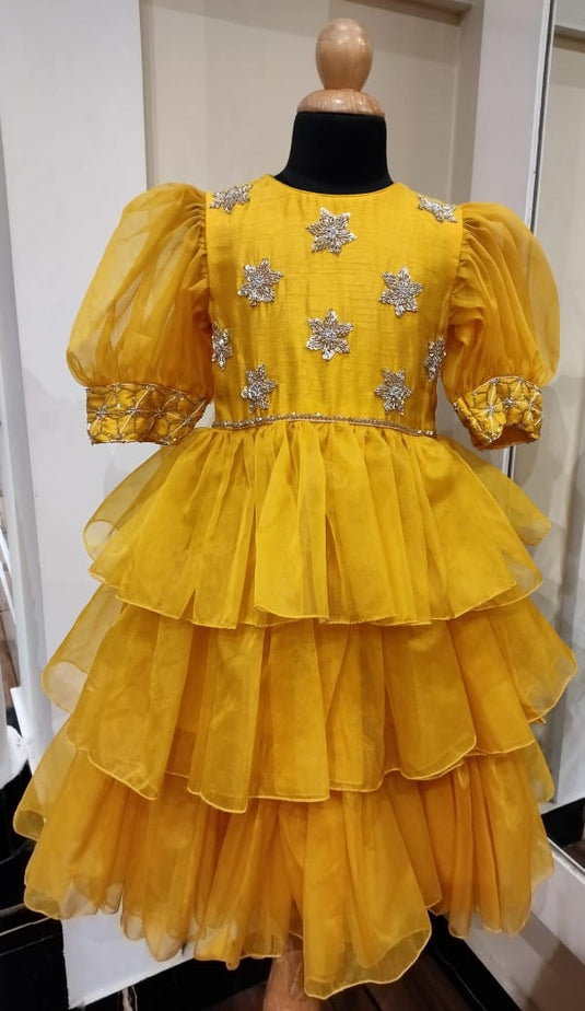 Mustard Layered Embroidered Organza Gown