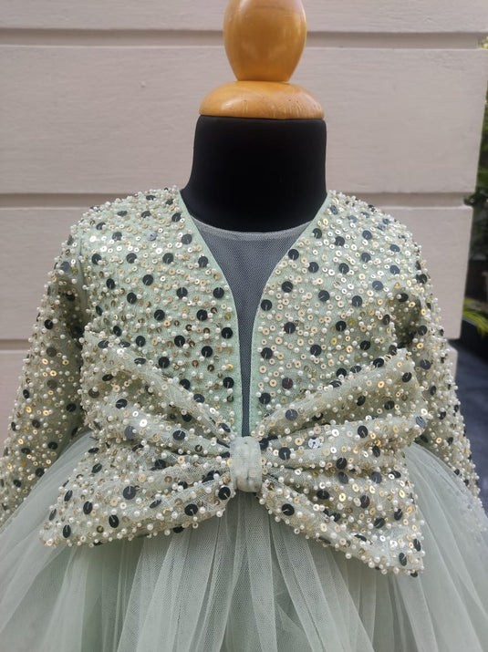Mint Green Ruffle Heavy Sequins Bow Gown