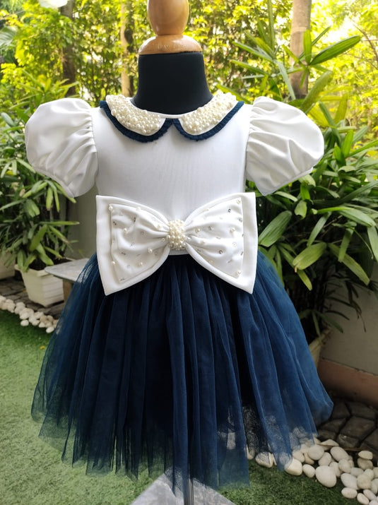 Deep Blue And White Pearl Bow Frock Set