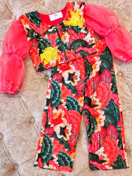 Red Floral Cord Set With Yellow Flowers