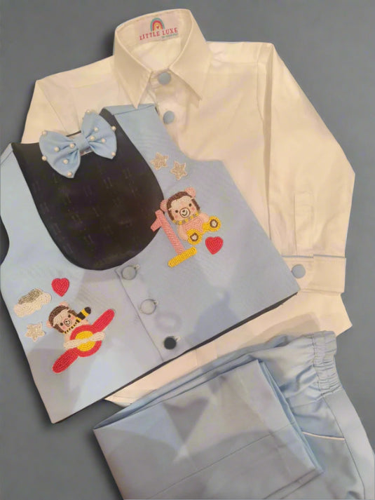 Teddy theme Personalized 4 Piece Waistcoat set Light Blue