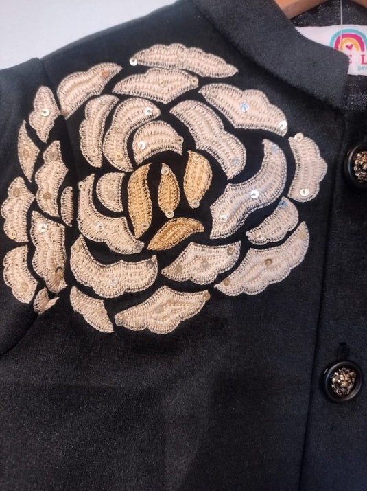 Black Velvet Floral Embroidered Bandhgala