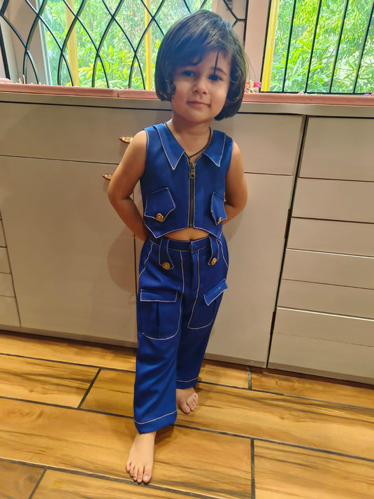 Trendy Blue Cord Set With Pockets