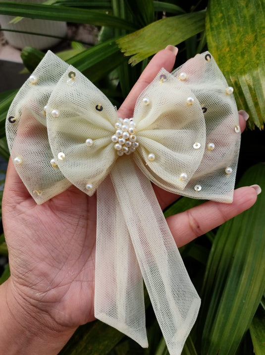 Double Bow Pearl Sequins Net Clip