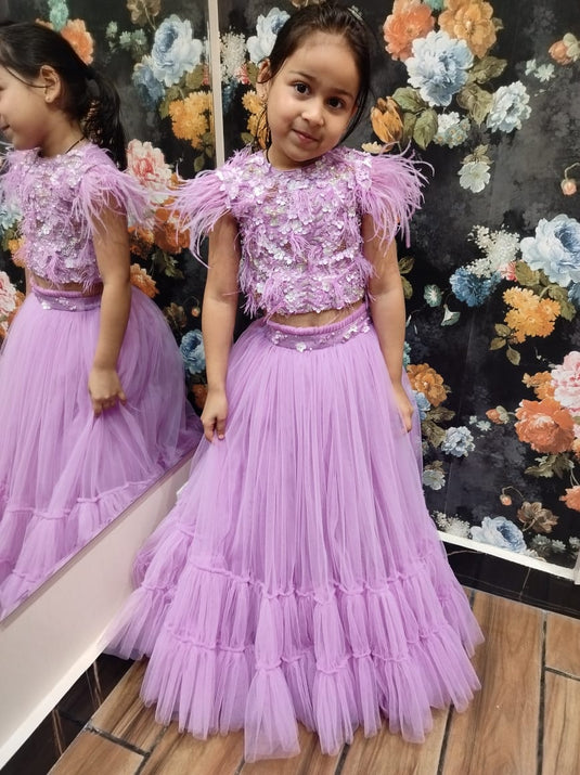 Lavender Net Ruffle Embroidered Feather Lehenga