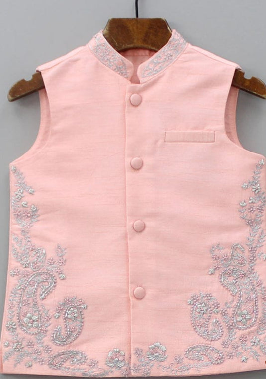 Peach Silver Embroidered Waistcoat Set With Pant