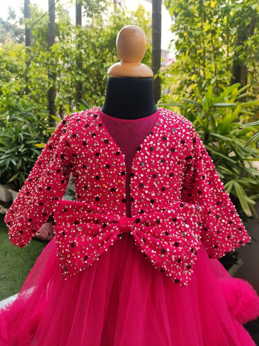 Red Double Layered Ruffle Heavy Sequins Bow Gown