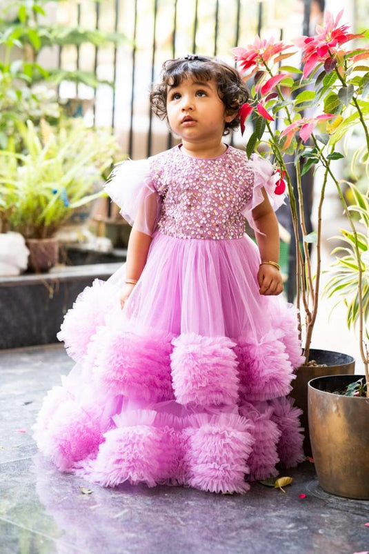 Lavender Double Ruffle Layered Heavy Sequins Gown