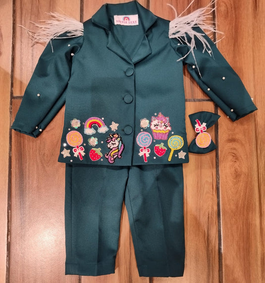 Personalised Unicorn Candy Dark Green Blazer Coord Set
