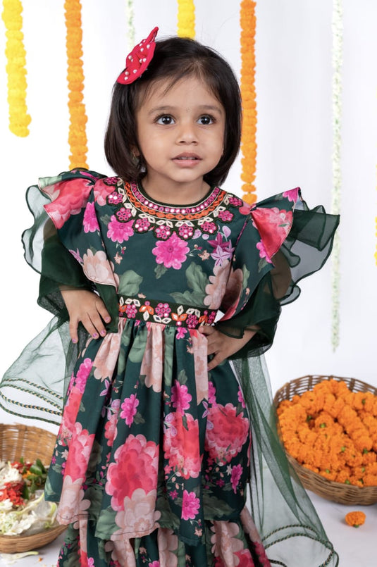 Green Floral Mirrorwork Kurti Sharara Set